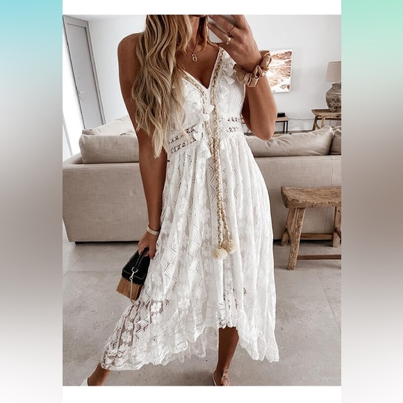 Cupshe Dresses & Skirts - 🤍🤍👙CUPSHE Women's Lace Up Dresses Boho Tassel V-Neck Flare Ruffle Beach